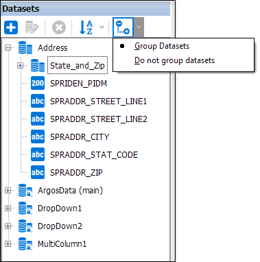 This image shows how the list of Datasets appears when the grouping option is selected.  Child Datasets are indented relative to their parent Dataset.